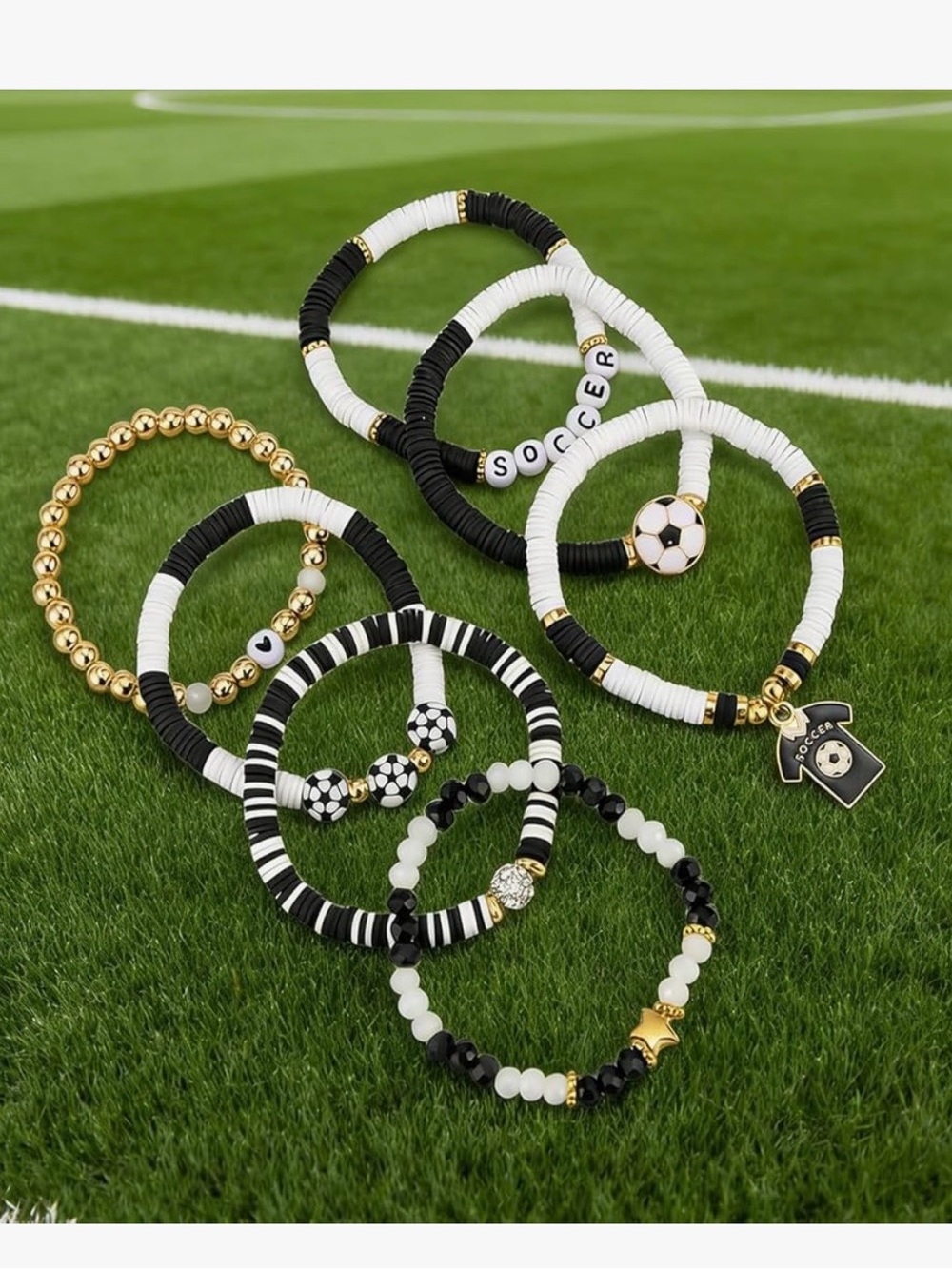 Soccer Themed Jersey Charm Stackable Beaded Braceletsβ-Black & White - Picture 4 of 7